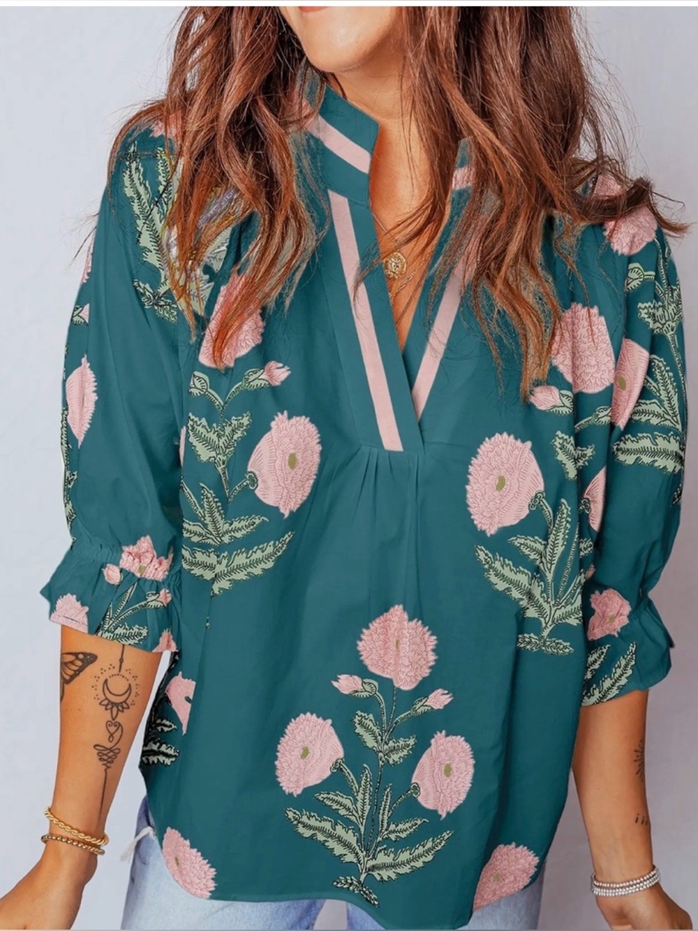 Boutique Floral Green Print Peasant Blouse